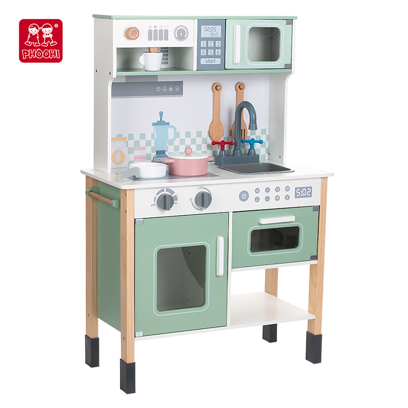 Green kids wooden kitchen toy with accessories